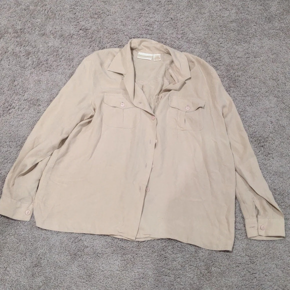 Christy & Jill Tan Vintage Silk Long Sleeve Button Front Petite Large - Picture 1 of 9